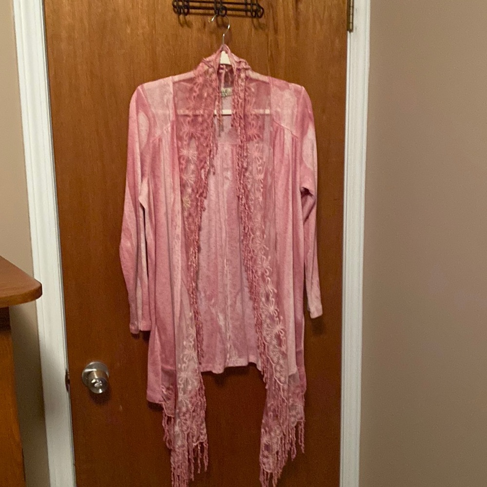 One World Women's L Pink Open Front
Waterfall Fringed Lace Romantic Cardigan